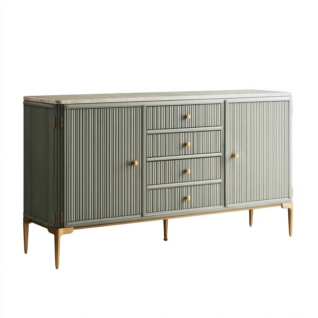Credenza da sala da pranzo 180×45×85 cm in legno verde chiaro con dettagli dorati stile elegante