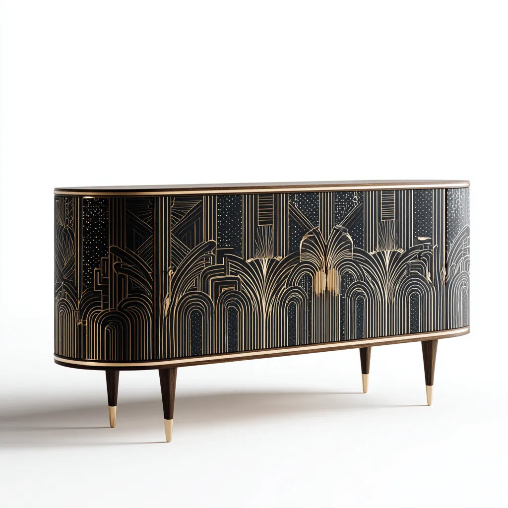 Credenza Sala da pranzo 160×42×82 cm - nero oro - stile geometrico elegante con ante decorative e piano d'appoggio