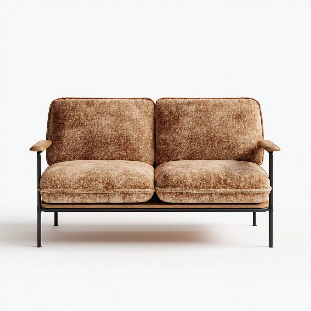 Divano da esterno 145×72×80 cm in tessuto marrone chiaro e metallo nero per giardino moderno