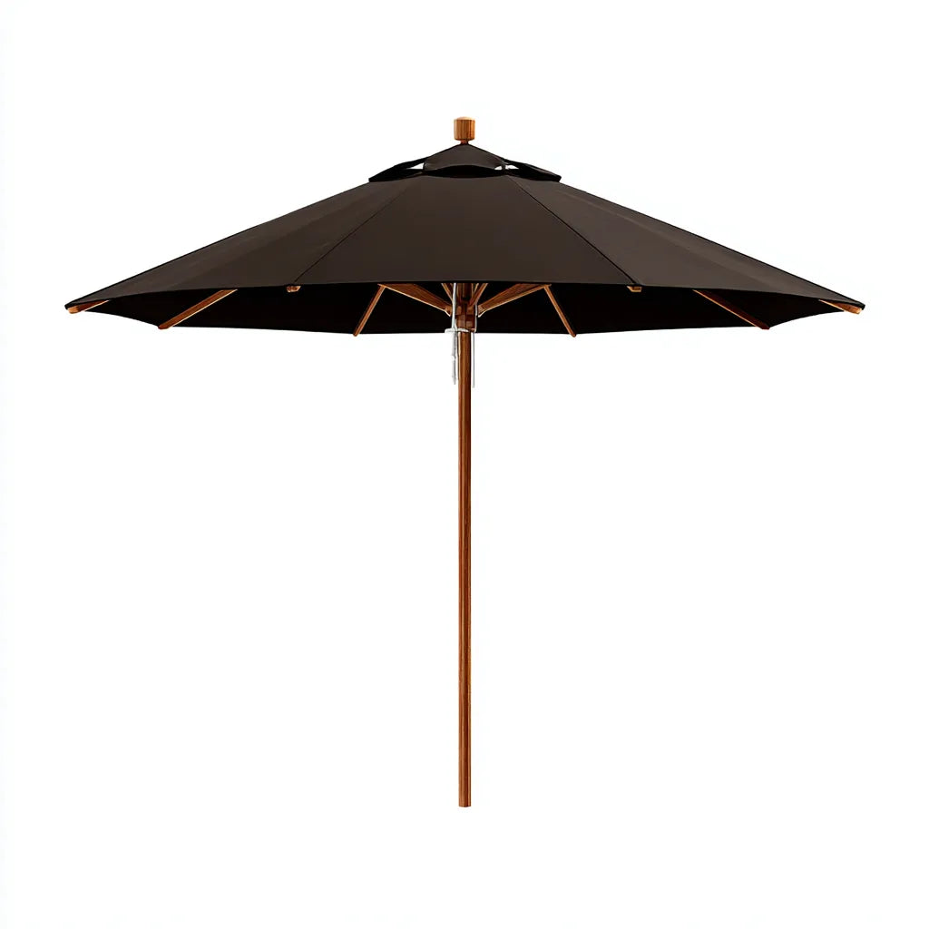 Ampio ombrellone da esterno 300×300×260 cm in tessuto marrone scuro e palo in legno stile naturale