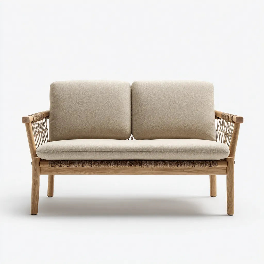 Divano da esterno 145×78×82 cm - beige e legno naturale - all'aperto - stile intrecciato per area pranzo