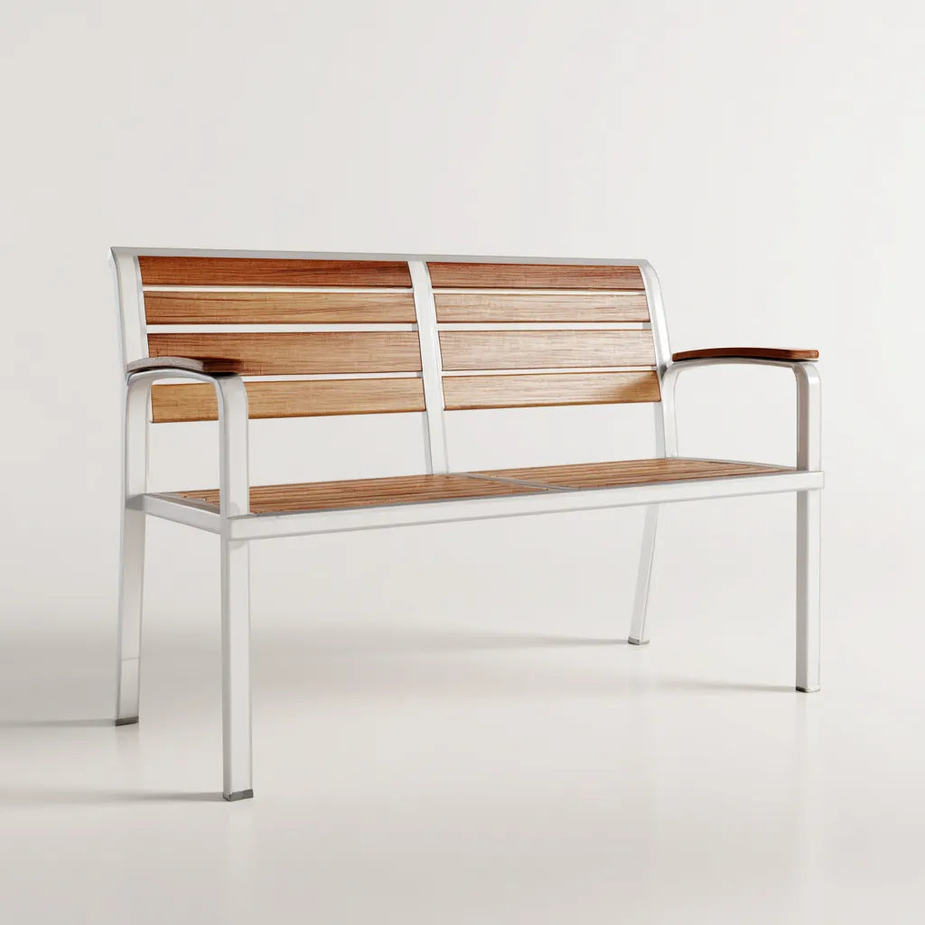 Divano da esterno 128×62×82 cm in metallo bianco e legno chiaro per zona pranzo all'aperto